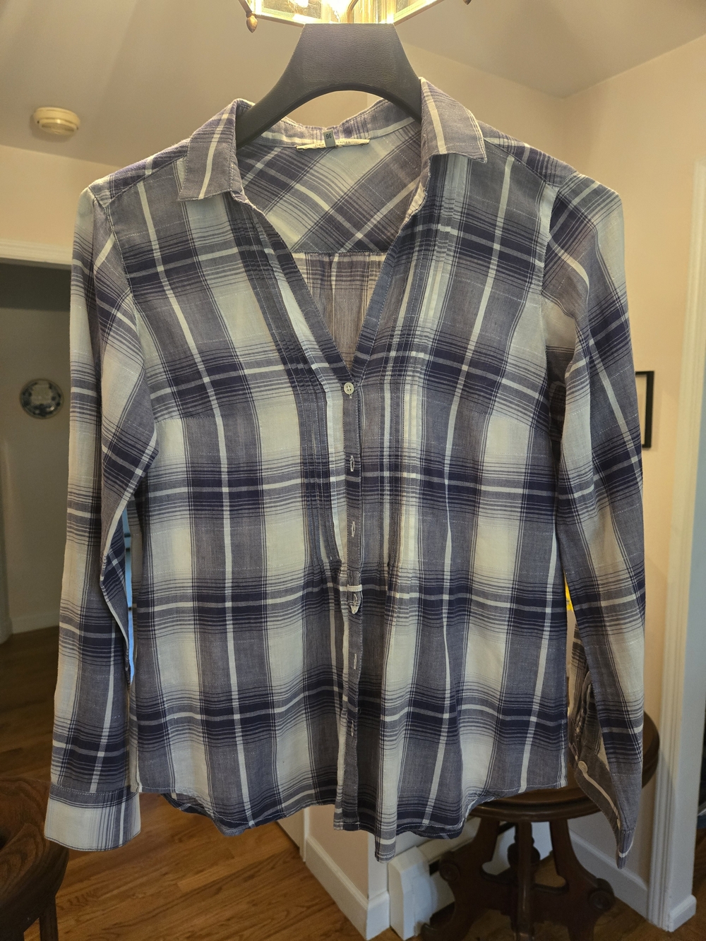 Gerard Darel French Blue Plaid Silver Metallic Lurex Thread Sheer V-Neck Blouse